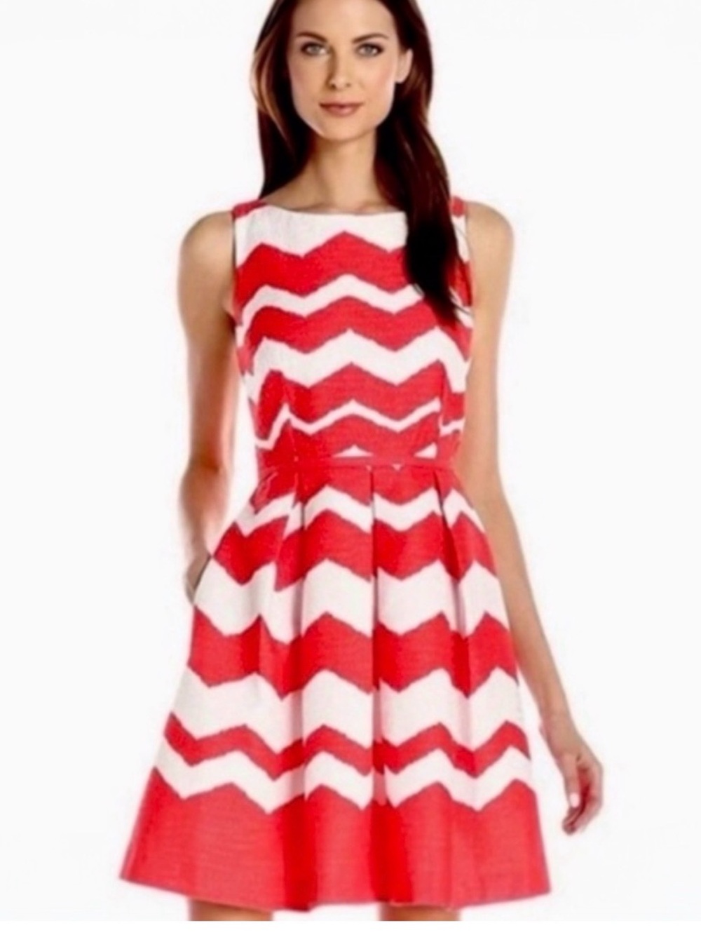 The Limited Coral and White Chevron Sleeveless Fit-Flare Mini Dress